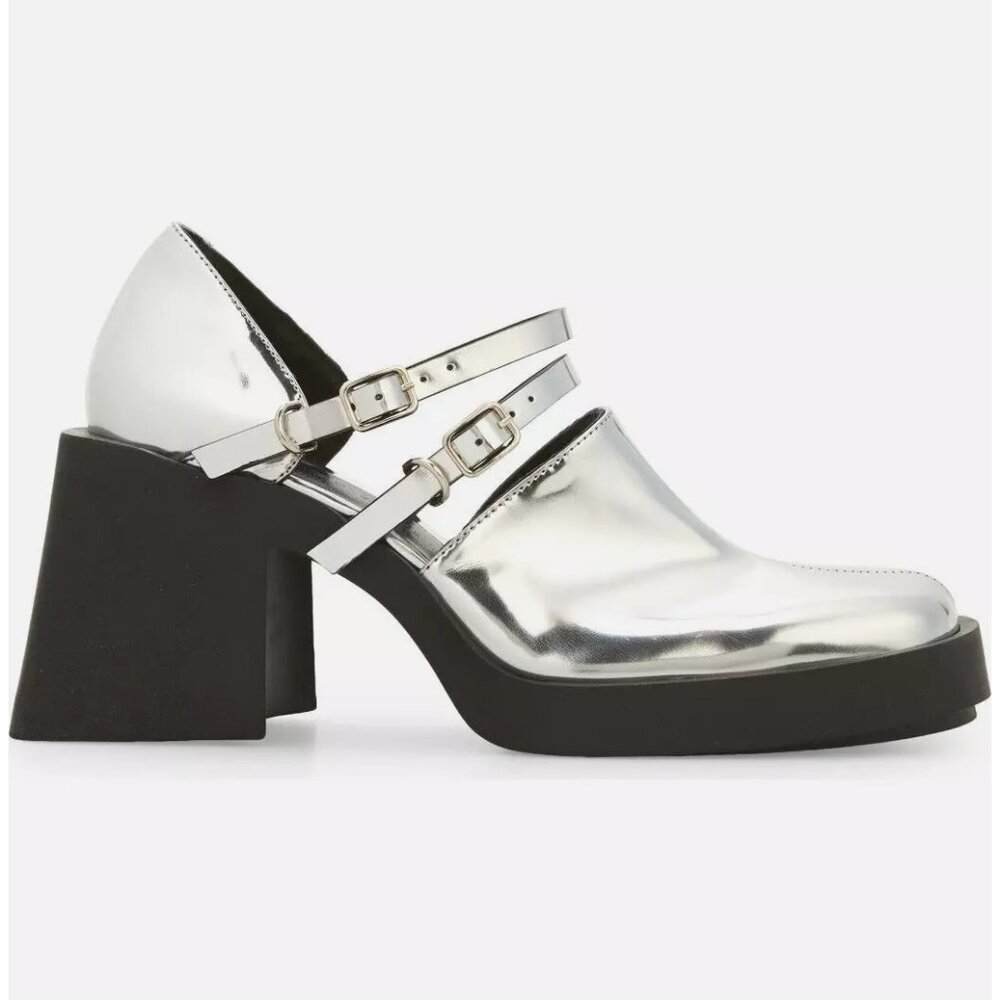 $475 Justine Clenquet Jennie Mary Jane Pump SILVER PLATFORM LEATHER 40 (DB37)